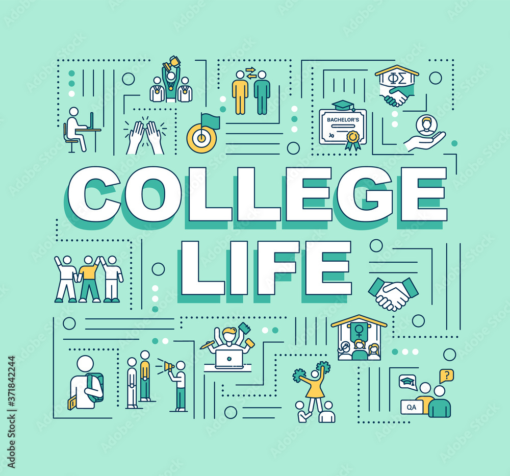 Sticker College life word concepts banner. Student living. University lifestyle. Infographics with linear icons on mint background. Isolated typography. Vector outline RGB color illustration