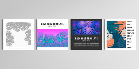 Realistic vector layouts of cover mockup design templates for square brochure, cover design, flyer, book, poster. Tropical palm leaves, shadow of tropical jungle leaves. Floral pattern backgrounds.