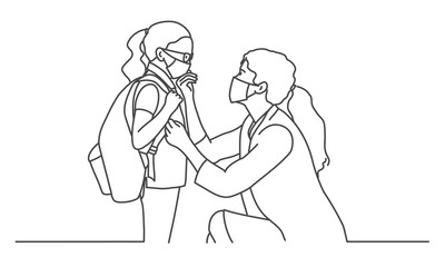 Mom takes her daughter to school. Line drawing vector illustration.