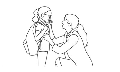 Mom takes her daughter to school. Line drawing vector illustration.