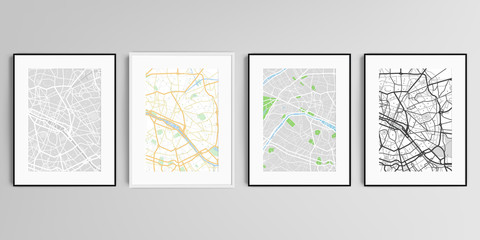 Realistic vector set of picture frames in A4 format isolated on gray background with urban city map of Paris.
