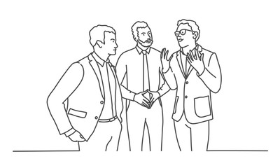 Fototapeta na wymiar Three businessmen talking to each other. Line drawing vector illustration.