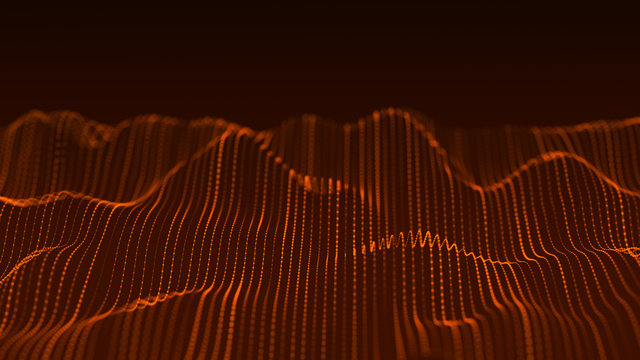 Digital dynamic wave. Abstract futuristic orange background with dots and lines. Big data visualization. 3D rendering.