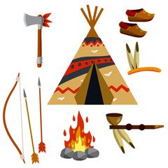 Indian wigwam. Native American house. National hut. Nature of landscape. Axe, weapon, fire and skull of animal, tube, clothes, bow and arrow. Flat cartoon