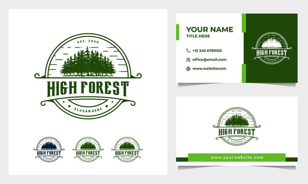 Vintage Pine, hand drawn forest Logo design vector with business card template