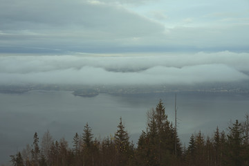 Fototapeta premium Drammens fjord covered with fog at evening.