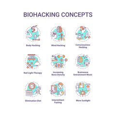 Fototapeta premium Biohacking concept icons set. DIY biology, health improvement idea thin line RGB color illustrations. Body and mind productivity development. Vector isolated outline drawings. Editable stroke
