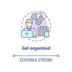 Fototapeta premium Get organized concept icon. Freshman time management. Project and assignment completion. College life idea thin line illustration. Vector isolated outline RGB color drawing. Editable stroke