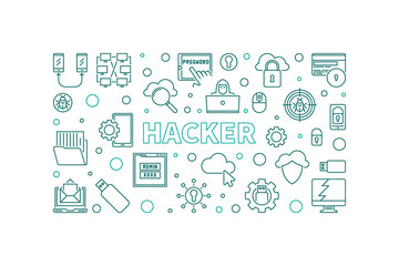 Hacker vector concept outline horizontal illustration or banner on white background