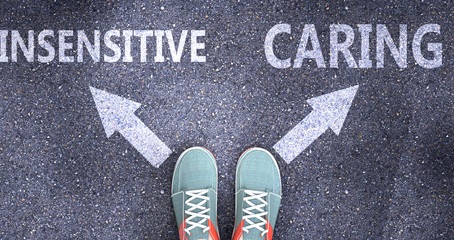 Insensitive and caring as different choices in life - pictured as words Insensitive, caring on a road to symbolize making decision and picking either one as an option, 3d illustration