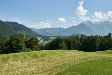 Panoramic view of the Berchtesgaden alps and the valley of Bischofswiesen, Bavaria, Germany