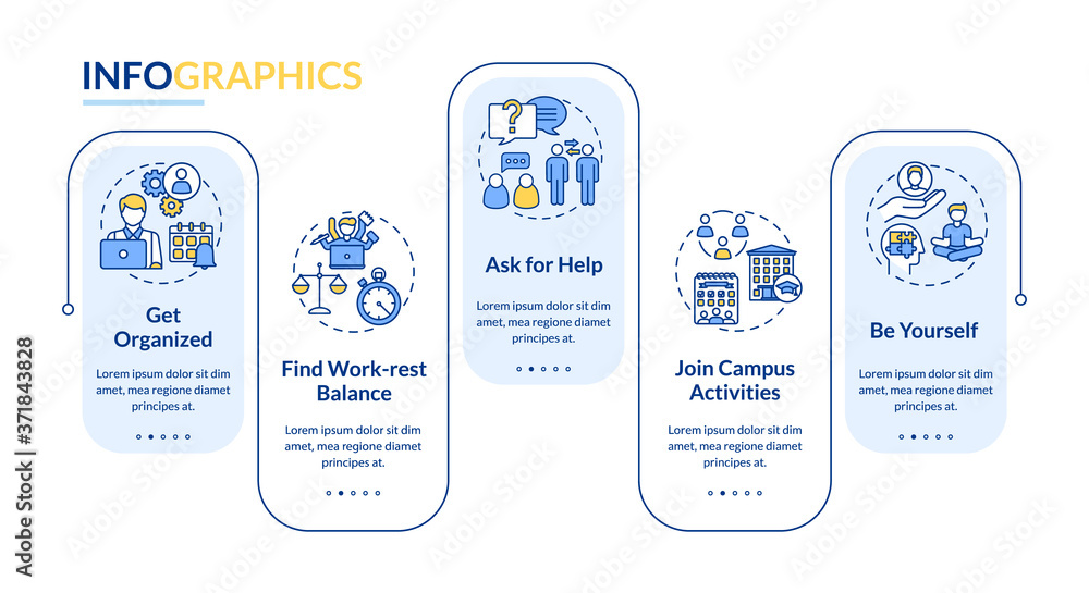 Poster Student life vector infographic template. University activities presentation design elements. Data visualization with 5 steps. Process timeline chart. Workflow layout with linear icons