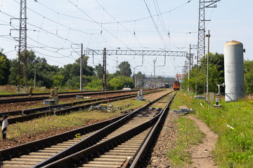 Railways. Diesel locomoRailways. Diesel locomotive on rails.tive on rails.