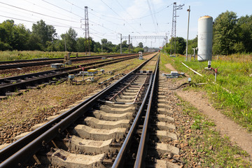 Railways. Diesel locomoRailways. Diesel locomotive on rails.tive on rails.