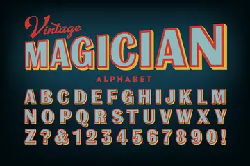 Poster Vintage Magician Alphabet  A Late Victorian Era Sans Serif Style, As Seen on Old Sho0w Posters from Around the Turn of the 20th Century. Basic Tricolor Effect on Retro Block Lettering. © Mysterylab