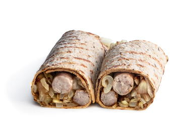 Super seeds wrap with sausages and onions cooking isolated on white