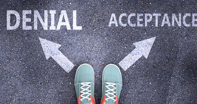 Denial and acceptance as different choices in life - pictured as words Denial, acceptance on a road to symbolize making decision and picking either Denial or acceptance as an option, 3d illustration