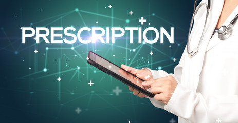 Doctor fills out medical record with PRESCRIPTION inscription, medical concept