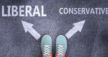 Liberal and conservative as different choices in life - pictured as words Liberal, conservative on a road to symbolize making decision and picking either one as an option, 3d illustration