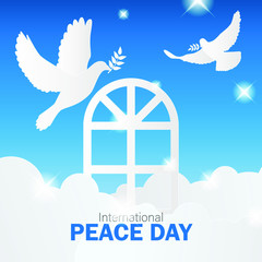 International Peace Day on paper style design with illustrations of two doves on the clouds
