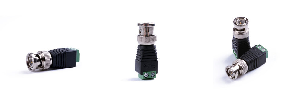 set of bnc cctv plug connectors isolated on a white background. equipment for surveillance