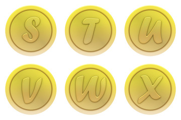 Set of gold coins with letter S, letter T, letter U, letter V, letter W, letter X alphabet © Elena