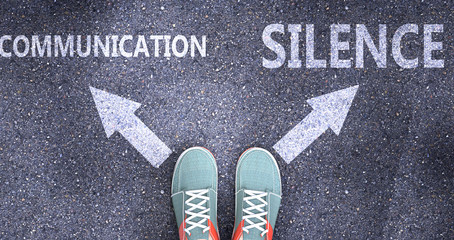 Communication and silence as different choices in life - pictured as words Communication, silence on a road to symbolize making decision and picking either one as an option, 3d illustration