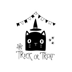 Halloween decorative illustration witch cat head with lettering Trick or Treat on white background. Drawn by hand doodle vector of black magical cat with spiders and web. Postcard halloween.