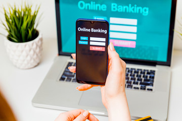 Online banking. Woman using laptop to get payment in internet