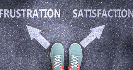Frustration and satisfaction as different choices in life - pictured as words Frustration, satisfaction on a road to symbolize making decision and picking either one as an option, 3d illustration