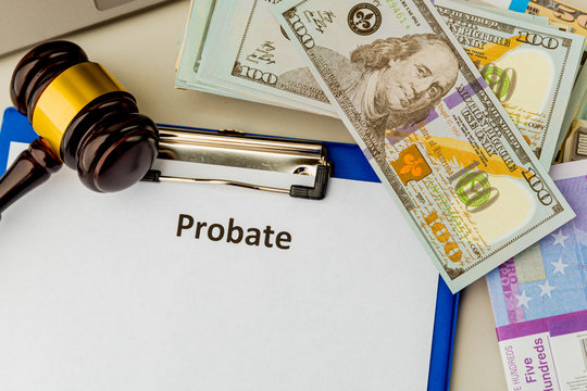 Legal probate statement. Money and lawyer attributes at the desk
