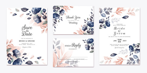 Floral wedding invitation template set with navy and peach watercolor roses and leaves decoration. Botanic card design concept