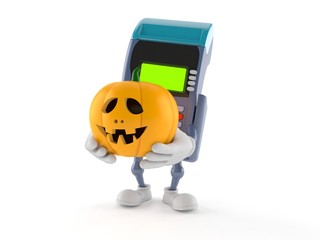 Credit card reader character holding jack o lantern