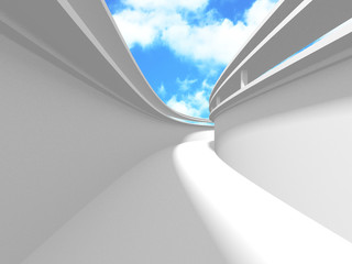 Empty white room interior with window to sky. 3d render