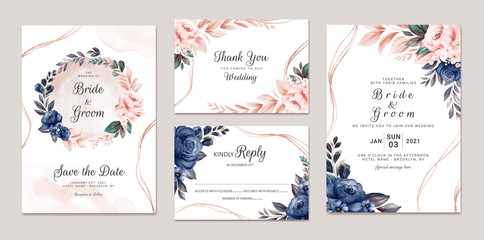 Fototapeta na wymiar Floral wedding invitation template set with navy and peach watercolor roses and leaves decoration. Botanic card design concept