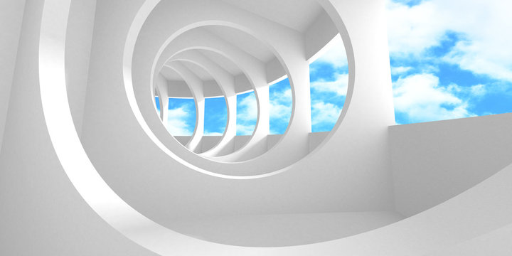 Empty white room interior with window to sky