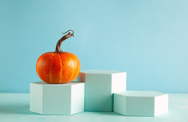 Small orange pumpkin on pastel blue background with copy space. Concept celebration of Halloween or...