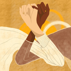 Two hands holding each other. Women's graceful hands. European and African American. Conceptual illustration, friendship, girlfriends. Fashion modern illustration on abstract textured background - 371849258