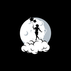 A little girl holds balloons with moon background