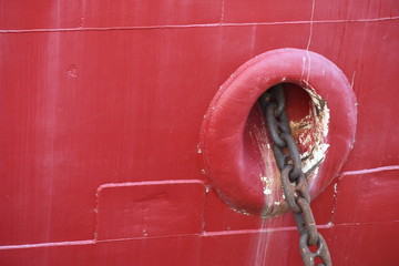 Closeup of ship anchor port.