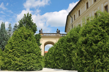 Garden on the baste (Zahrada Na Baště) in The Prague Hradcany on a summer, hot Sunny day against the background of clouds.