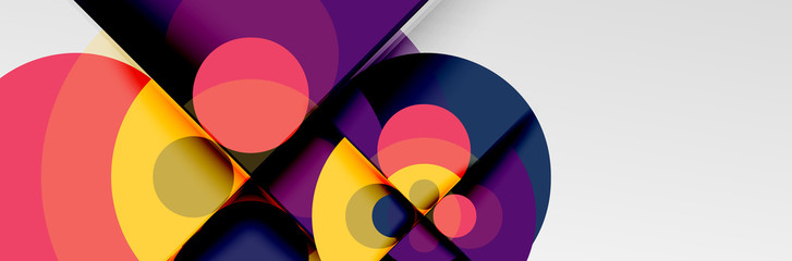 Bright color circles, abstract round shapes and triangles composition with shadow effects. Vector modern geometric design template