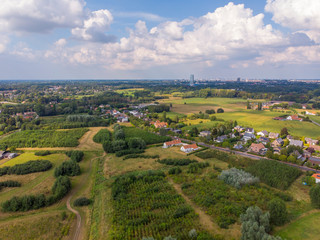 Fototapeta na wymiar Aerial high angle of De Pinte aerea, agricultural village near Ghent, Belgium. Nature and Landscape