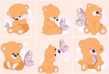 vector illustration of children's fairy bears with a butterfly in different poses