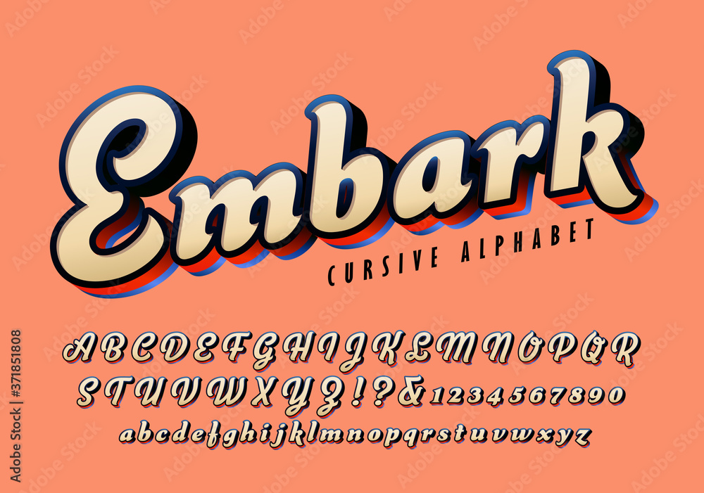 Aufkleber embark cursive alphabet; this bold script alphabet has a heavy weight, 3d shadow effects, and curly 