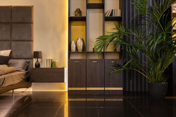 dark modern stylish male apartment interior with lighting, decorative walls, fireplace, dressing...