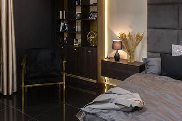 dark modern stylish male apartment interior with lighting, decorative walls, fireplace, dressing area and huge window