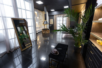 dark modern stylish male apartment interior with lighting, decorative walls, fireplace, dressing...
