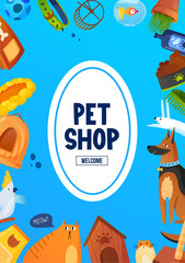 Animals with pet care equipment and text label.