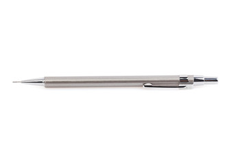Silver metal mechanical pencil on white background. Mechanical pencil isolated on white. Close-up.